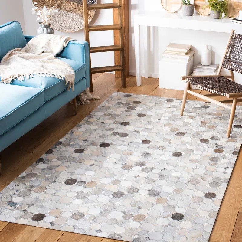 Millwood Pines Elyas Flat Weave Hair On Leather Geometric Rug