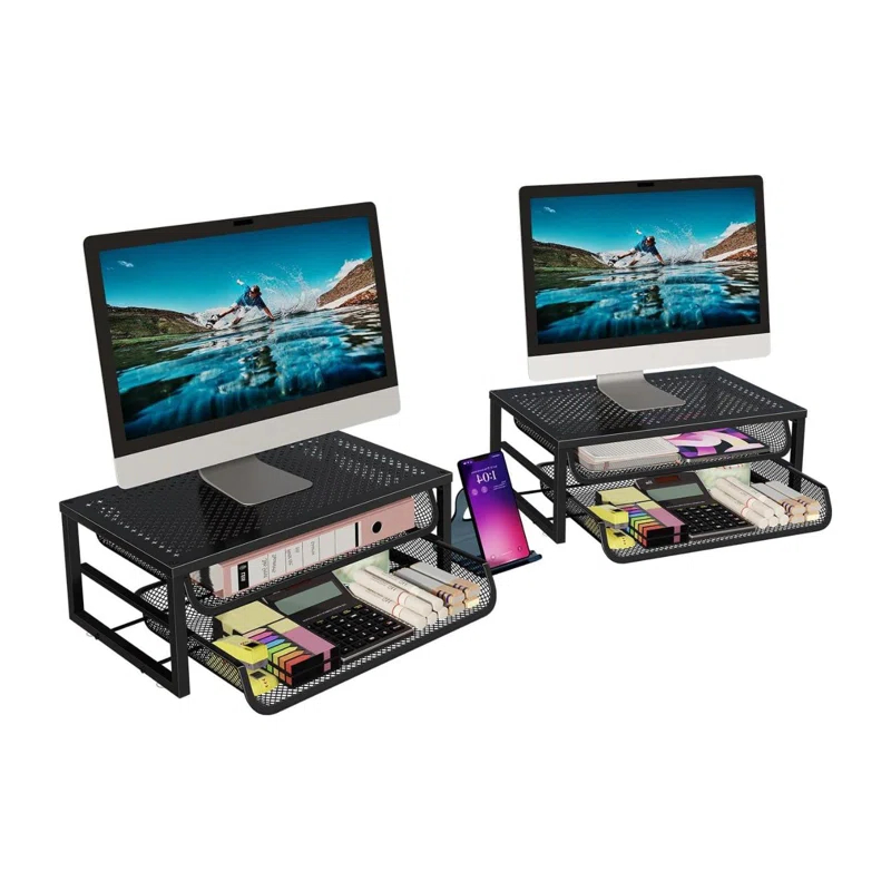 Inbox Zero 2 Pack 2-Tier Metal Monitor Stand Riser And Computer Desk Organizer With 2 Drawer For Laptop, Computer, Imac, Black