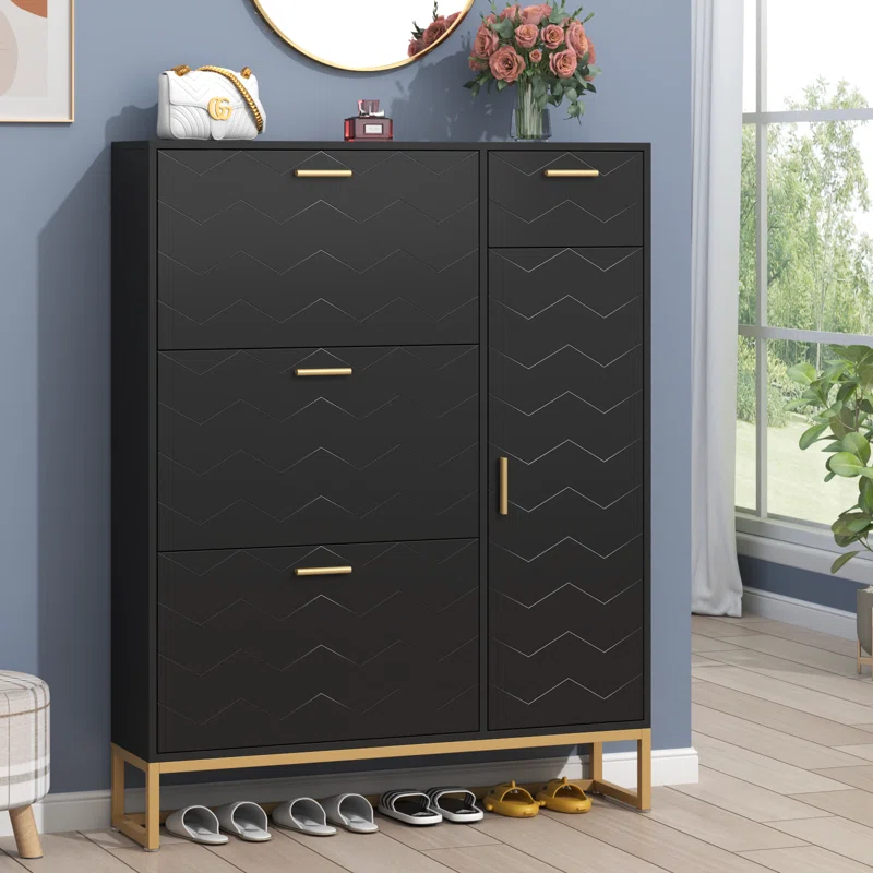 Everly Quinn Shoe Storage Cabinet, Free Standing Shoe Organizer with 3 Flip Drawers and Side Cabinet