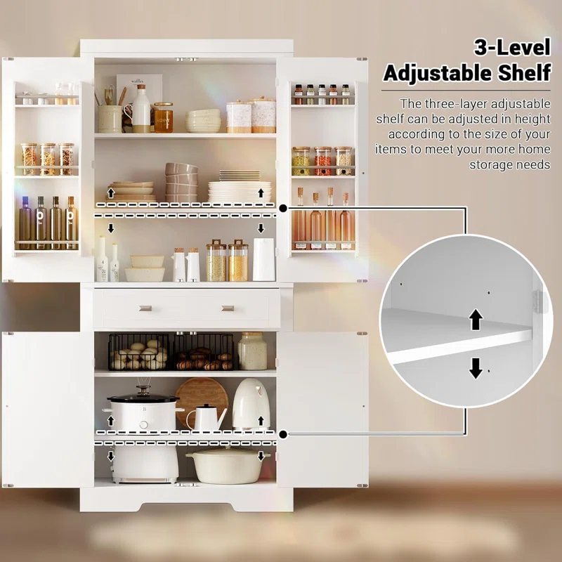 Lark Manor™ 72" Tall Kitchen Pantry Storage Cabinet, Freestanding High Wooden Cupboard With 4 Doors And 1 Drawer, 2 Adjustable Shelves And 6 Door Shelves