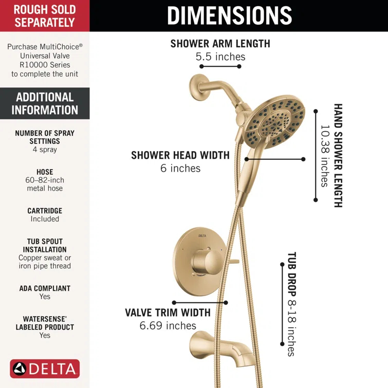 Delta Albion Single-Function Tub Shower Faucet Set, Shower Trim Kit with In2ition Shower Head T144855-CZ-I