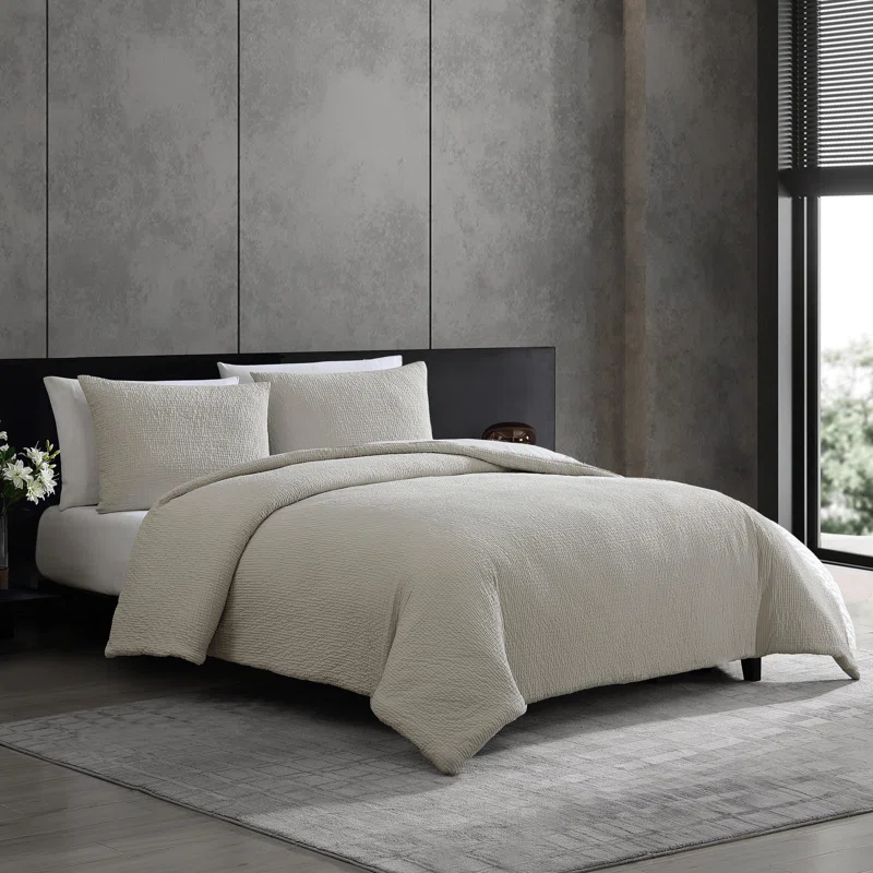 Vera Wang Puckered Texture Cotton Grey Duvet Cover Set | Wayfair