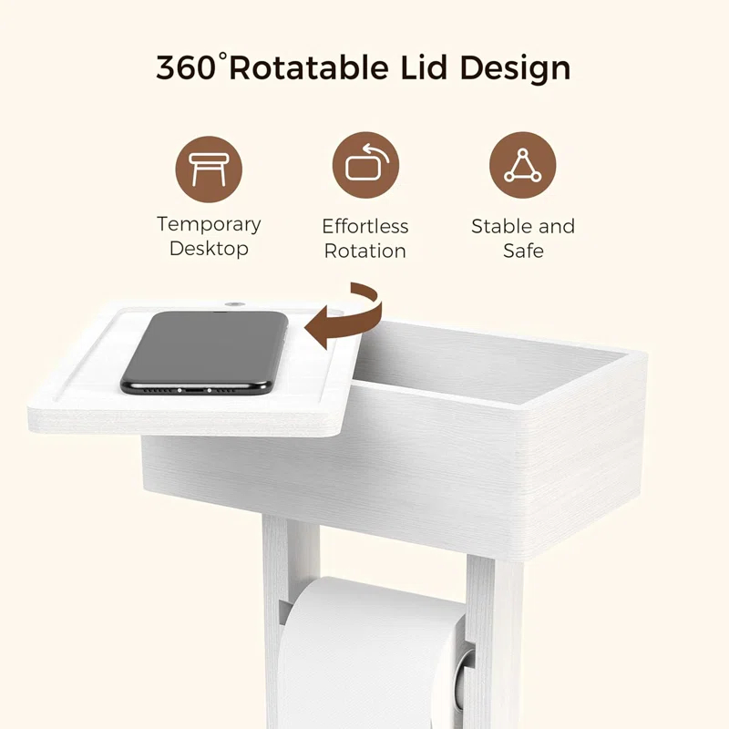 Hokku Designs 4-In-1 Bamboo Toilet Paper Holder Stand With Storage Shelf, Free Standing Toilet Tissue Roll Organizer, 360° Rotating Lid, Extra Storage For Bathroom Essentials