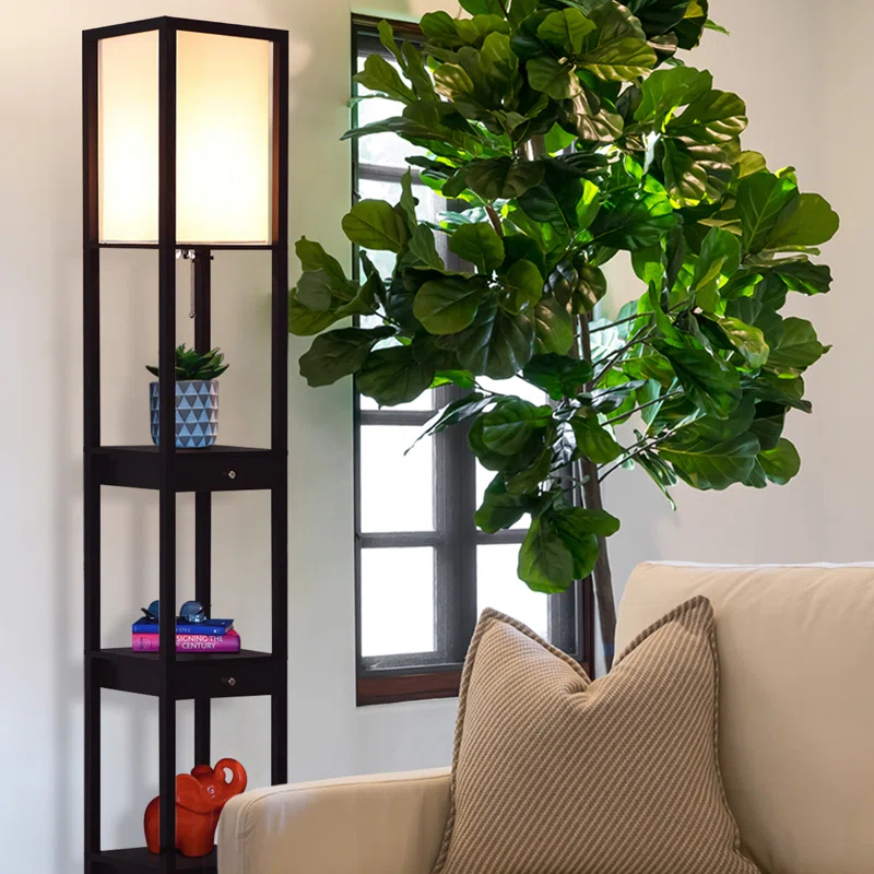 Brightech Maxwell 72" Traditional LED Shelf Floor Lamp with Black Finish, 4 Built-In Shelves, 3 Storage Drawers, Bulb Included