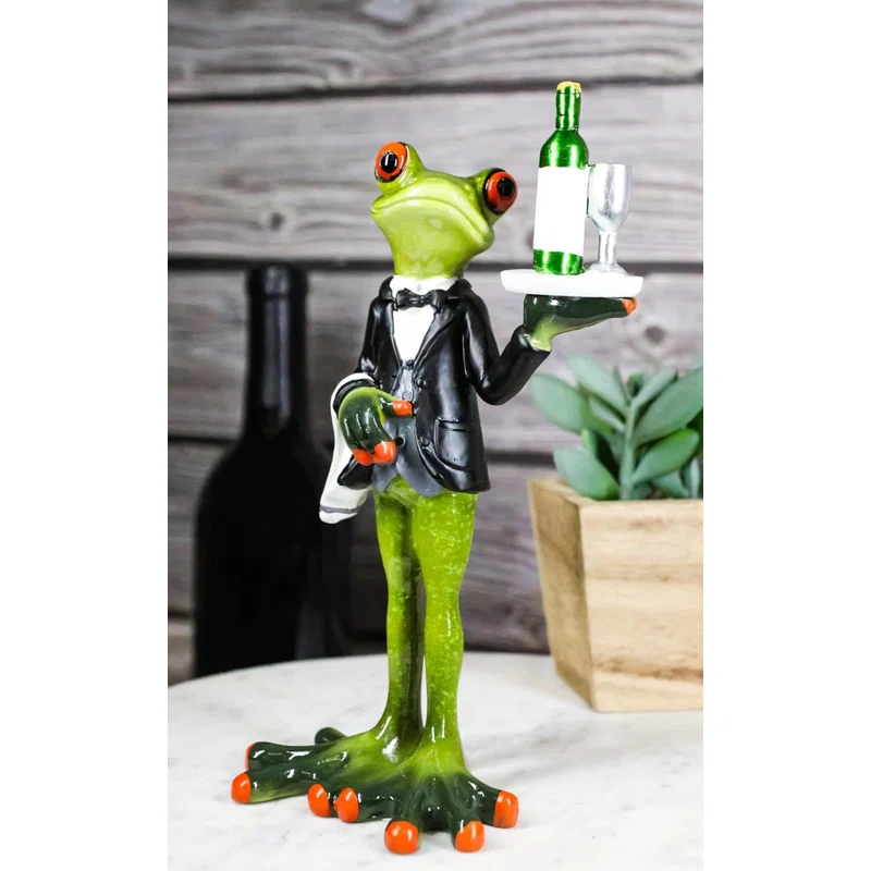 Trinx Green Toad Frog Silver Service Butler With Wine Glass And Bottle Figurine 7"H