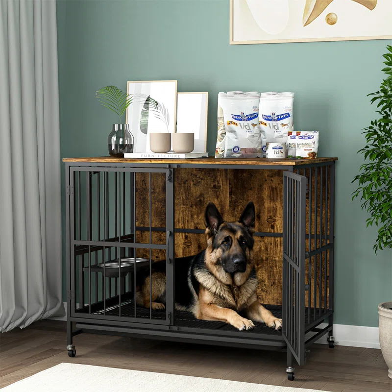 Modern Kennel with Multi-Functional Design for Dogs up to 80 LB, Featuring a Lift Panel and 360 Degree Rotation of 3 Height Adjustable Feeding Bowls.