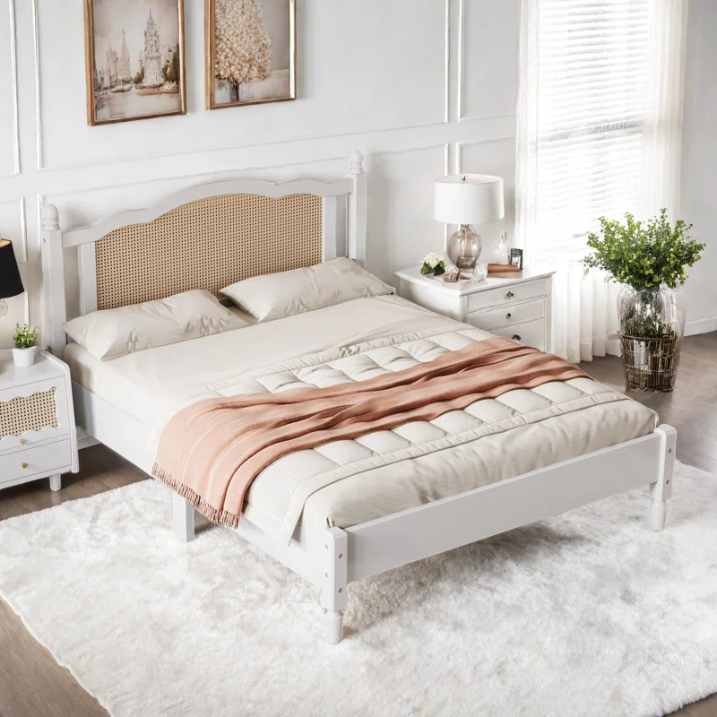 Velvetvanguards Bohemian Wooden Platform Bed With Natural Rattan Headboard And Arc Design