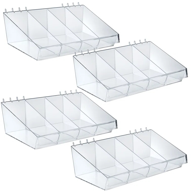 Azar Displays 13 Inch Wide x 7 Inch Deep Divider Tray for Pegboard or Slatwall with Removable Dividers Included, 4-Pack (Set of 4)