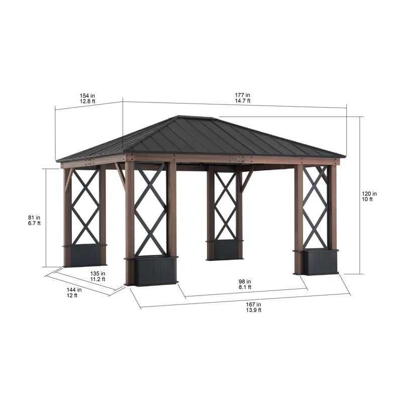 Sunjoy 13 ft. x 15 ft. Hardtop Gazebo, Outdoor Black Steel Roof Gazebo Aluminum Framed Gazebo with Planters and Ceiling Hook for Patio, Garden, and Backyard Activities
