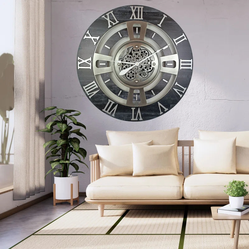 THE GEARS CLOCK Wall Clock with Real Moving Gears EN-LI_ 36 in Round Vintage-Black