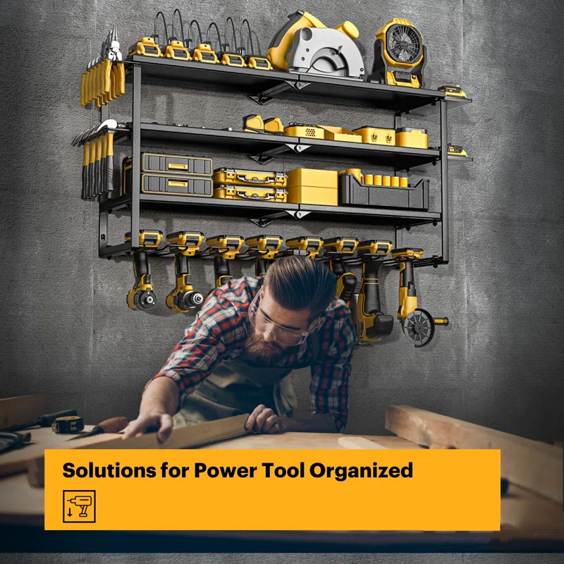 UNIVERSAL WINDOW SOLUTIONS Power Tool Organizer With Charging Station, 8 Drill Holder Wall Mount, 4 Layer Storage Rack For Garage Storage, Heavy Duty Utility Racks, Tool Battery Shelf With 6 Outlet Power Strip