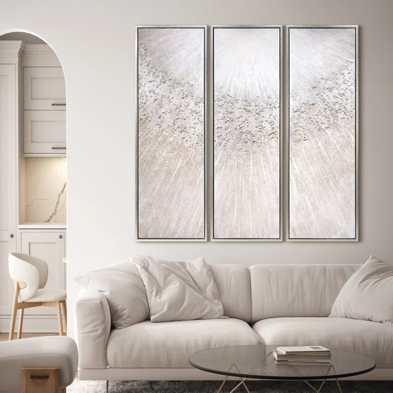Empire Art Direct Silver Radiant Trio Textured Glitter Hand Painted Framed Canvas Wall Art with Silver Leaf