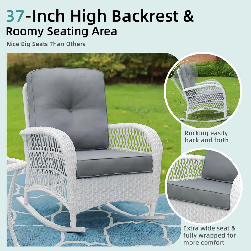 Highland Dunes Highland Dunes Outdoor Wicker Rocking Chair, Rattan Patio Rocker Chairs With Cushions And High Back, All-Weather Patio Wicker Chair With Safe Rocking Design For Garden Backyard Porch, White Wicker