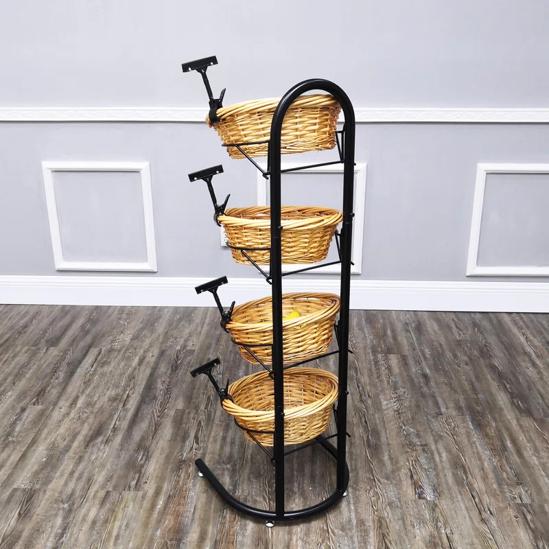 FixtureDisplays 4 Tier Basket Stand, Sign Clips, Wicker Grocery Store Rack Display, Market Basket Rack Kitchen