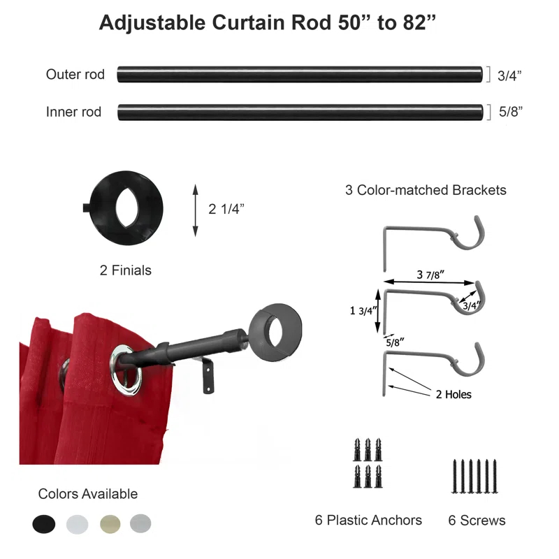 Evideco Stainless Steel Adjustable Single Curtain Rod (Set of 2)