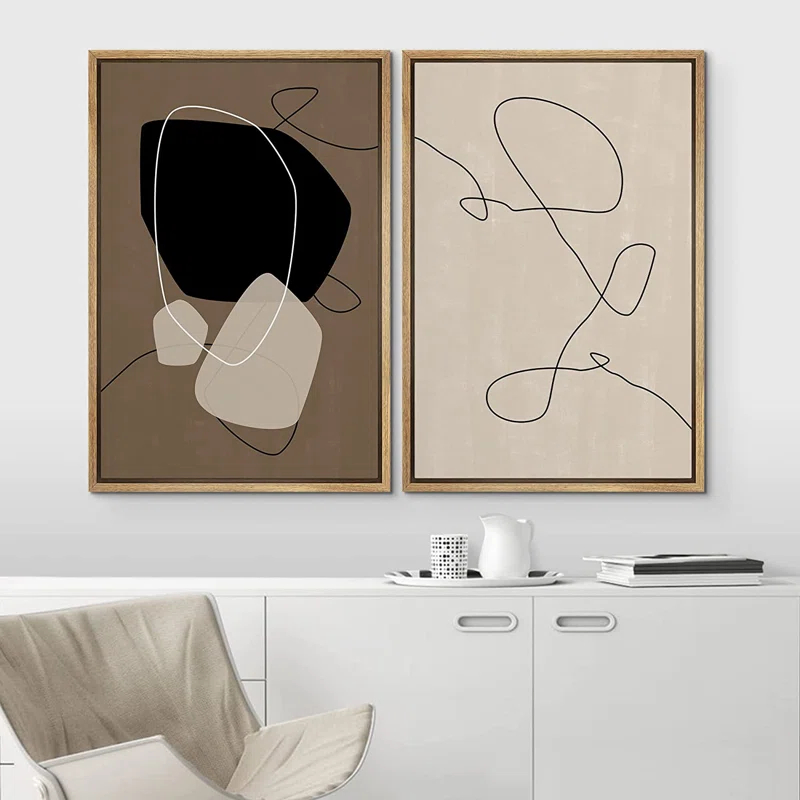 IDEA4WALL Mid Century Shape "Brown And Black Abstract Neutral Line Chic Framed Canvas Print 2 Pieces Wall Art