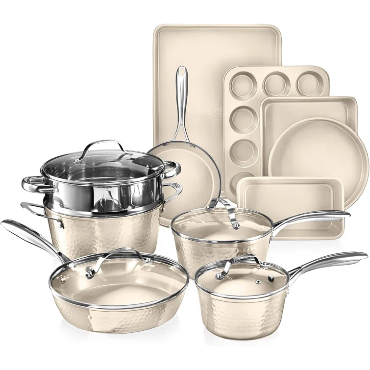 Gotham Steel Gotham Steel Hammered Cream 15 Piece Ultra Ceramic Nonstick Cookware Set With Bakeware