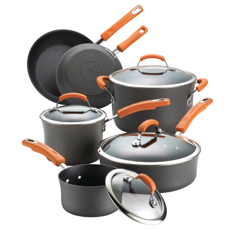 Rachael Ray Rachael Ray Brights Hard Anodized Nonstick Cookware Pots and Pans Set, 10 Piece, Gray with Handles