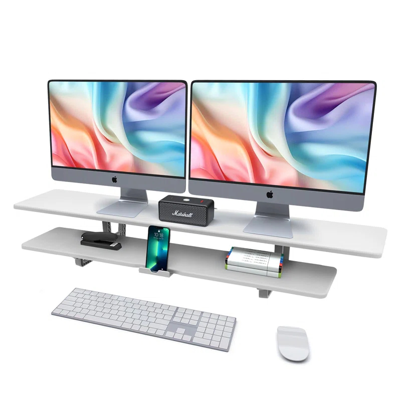 Hokku Designs Dual Monitor Stand, Computer Monitor Riser For 2 Monitors, 2 Tiers Wood Monitor Stand Desk Shelf With Storage Organizer And Cable Management For Office Desk Accessories
