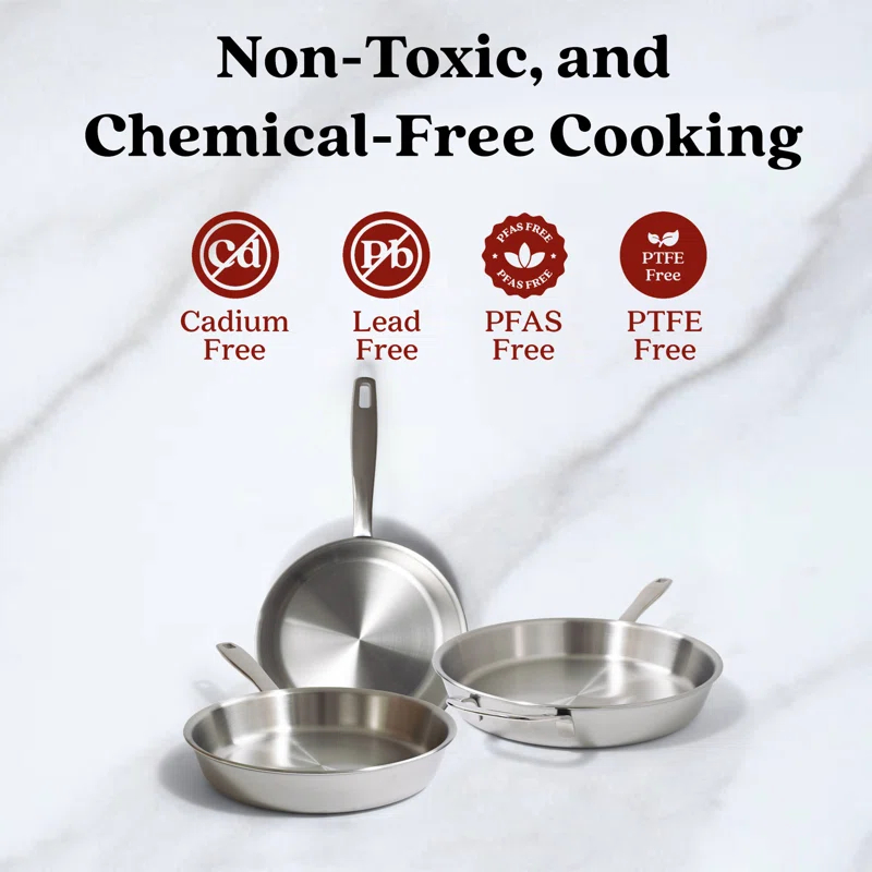 Alva Alva Maestro 3-Piece Professional 5-Ply Stainless Steel Frying Pan Set - Non-Toxic PFAS/PFOA/PTFE-Free Skillets & Cookware - Induction & All Stovetop Compatible - Oven Safe - Stay-Cool Handles