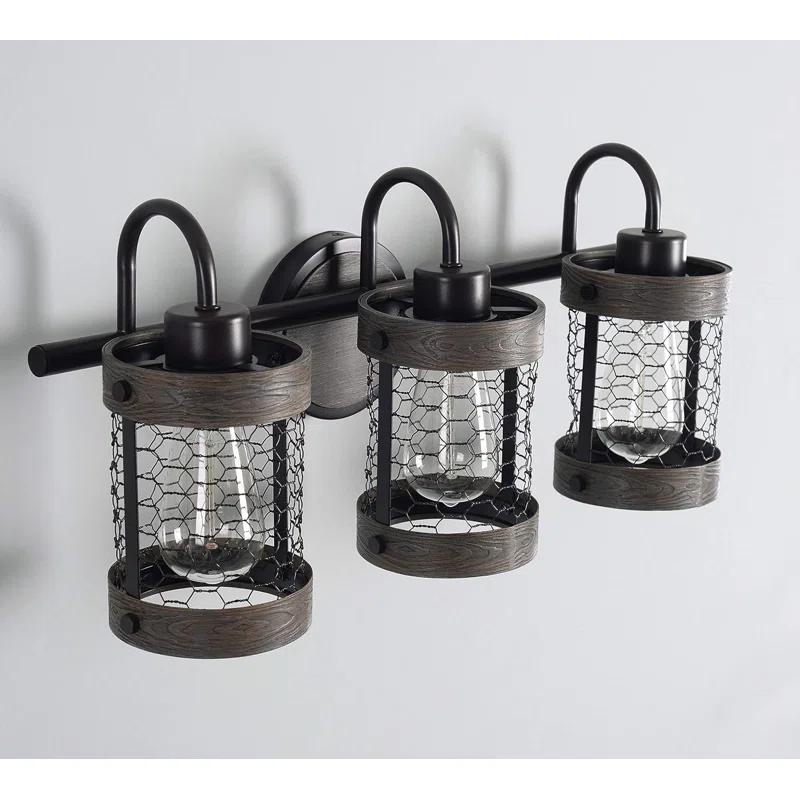 Co-t Kenroy Home Industrial Farmhouse 3-Light Bath Vanity Fixture With Chicken Wire Mesh Shades & Distressed Wood Accents