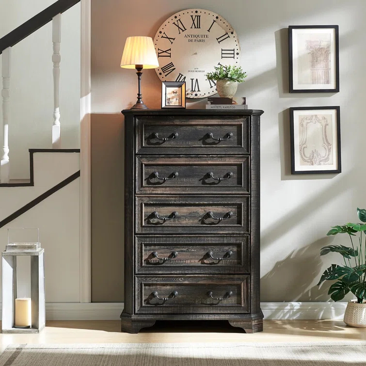 Laurel Foundry Modern Farmhouse® Theron Farmhouse 5 Drawer Bedroom Dresser, Wood Tall Chest of Drawers, Closet Storage for Bedroom