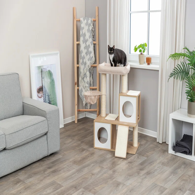 TRIXIE Addison 35.5-in Cat Tree, Modern Wood Cat Tower, Sisal Scratching Posts & Pads, 2 Condos, Hammock, Cozy Bed