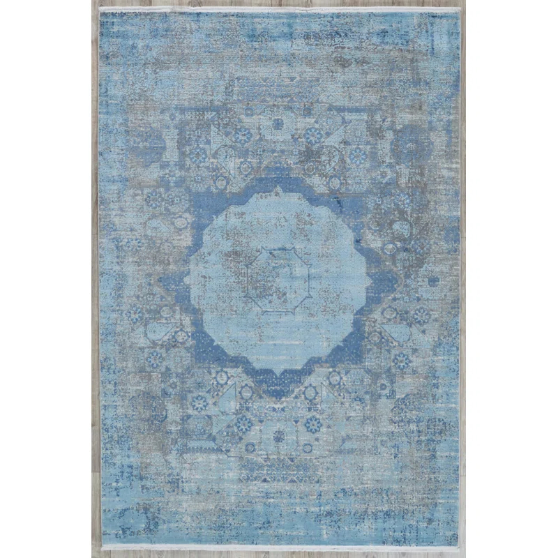 EXQUISITE RUGS Exquisite Rugs Palace Power Loom/Hand-Finished Acrylic/Viscose Ivory/Blue Area Rug