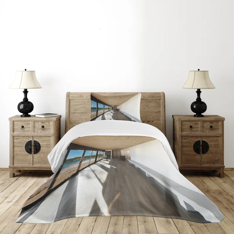 Ambesonne Ambesonne Beach Bedspread Set Ocean Sea Waves Sand View Pale Brown Sky Blue