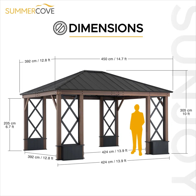 Sunjoy 13 ft. x 15 ft. Hardtop Gazebo, Outdoor Black Steel Roof Gazebo Aluminum Framed Gazebo with Planters and Ceiling Hook for Patio, Garden, and Backyard Activities