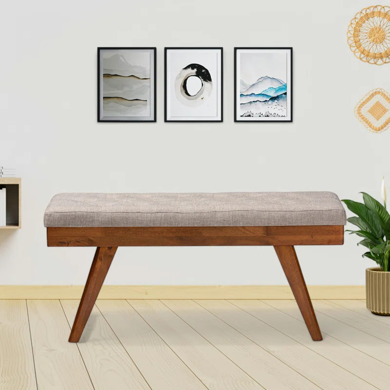 Corrigan Studio® Ismail Mid-Century Modern Upholstered Wood Dining Bench in Light Grey Fabric