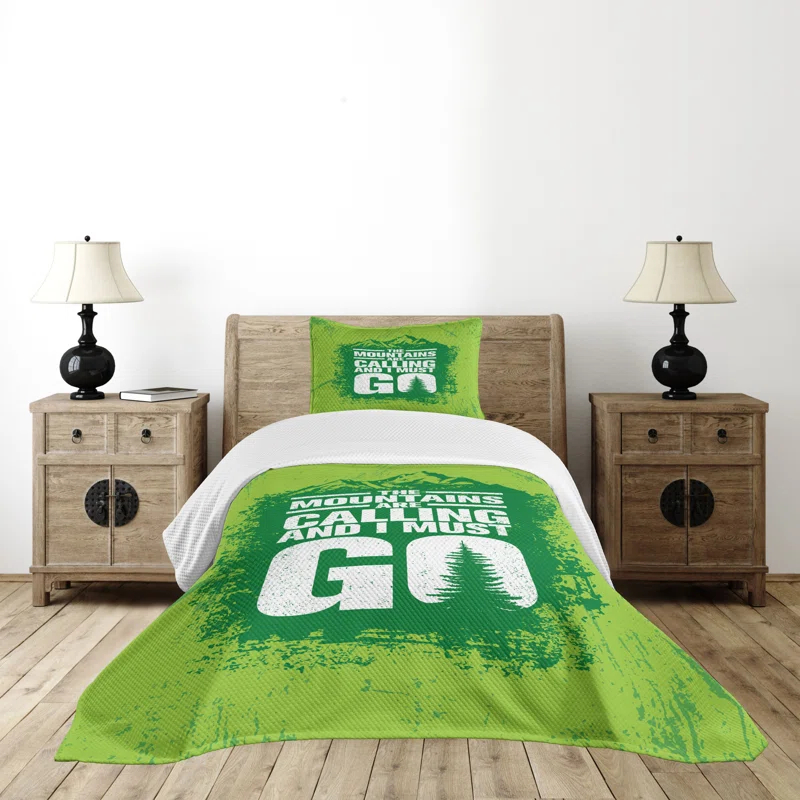 Ambesonne Ambesonne Adventure Bedspread Grungy Mountains Text Lime Green Fern Green