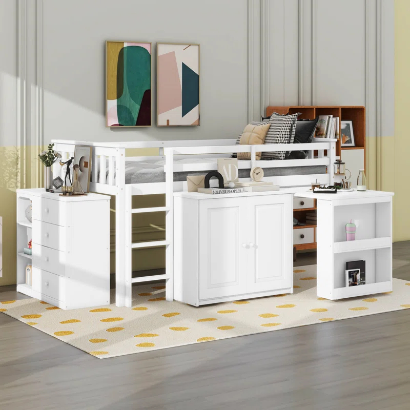 Harriet Bee Twin Loft Bed With Storage Cabinet, Drawer And Shelf Cabinet And Pulling-Out Desk