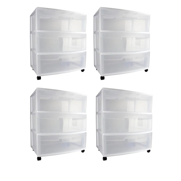 Sterilite Sterilite At Home 3 Drawer Wide Storage Cart Container with Casters (Set of 4)