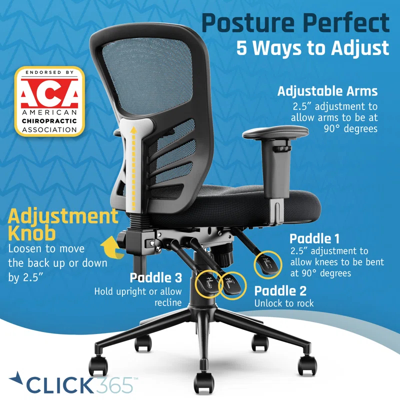 CLICK365 Click365 Flow Mid Back Mesh Office Chair, Extra Padded Seat Cushion, Adjustable Armrest Back Height