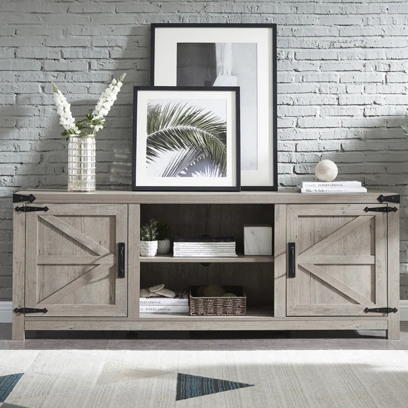 Laquela Farmhouse TV Stand for TVs Up to 75“, Wood Barn Door Media Console Table
