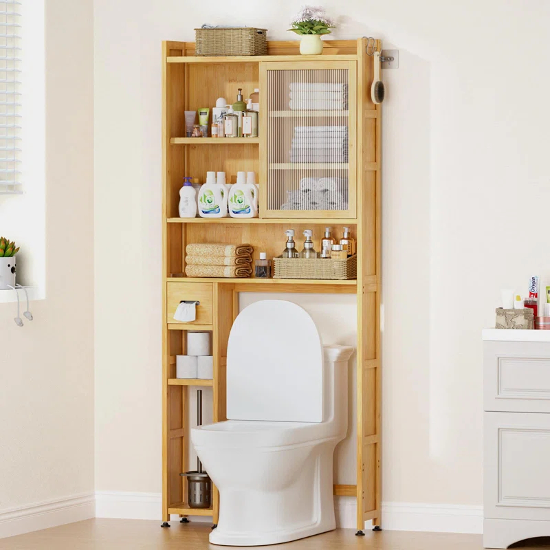 Latitude Run® Over The Toilet Storage Cabinet With Acrylic Door Panel And Paper Towel Drawer, Bamboo Space Saver Shelf, Bathroom Organizer Rack