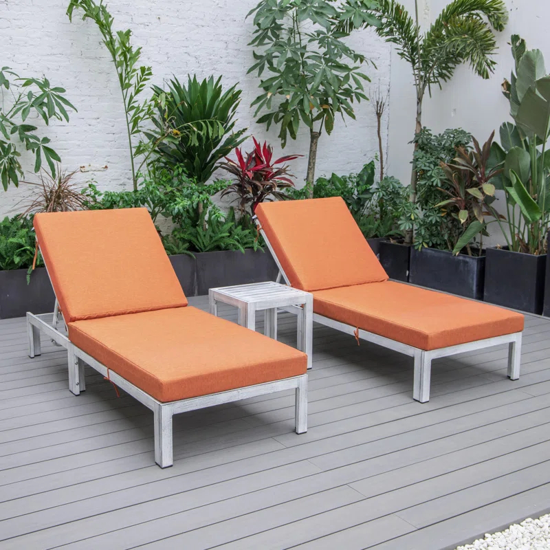 LeisureMod Outdoor Metal Chaise Lounge - Set of 2 with Table (Set of 2)