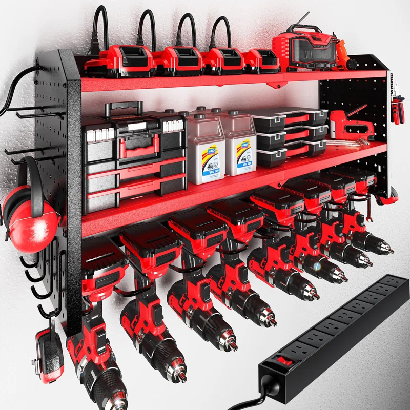 UNIVERSAL WINDOW SOLUTIONS Power Tool Organizer With Charging Station, Built In 8 Outlet Power Strip, Large 8 Drill Holder Wall Mount, Heavy Duty Metal Power Tool Storage Rack Tool Shelf For Garage Organization