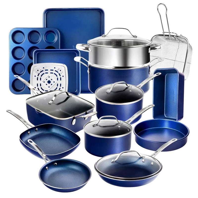 Granitestone Blue 20 Piece Aluminum Non Stick Cookware & Bakeware Set with Ultra Nonstick Surface, Oven & Dishwasher Safe