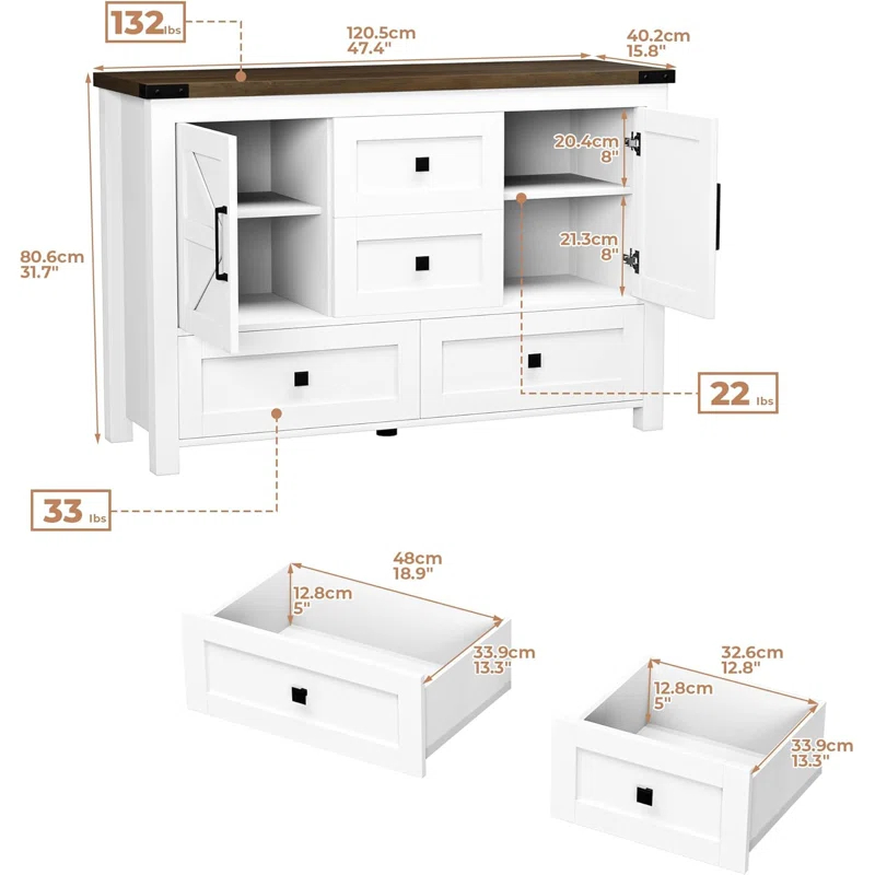 Gracie Oaks Farmhouse Dresser For Bedroom With 4 Drawers And 2 Barn Doors, Wood Chest Of Drawers 47 Inch Wide, Large, Long, Adjustable Shelves, 5 Legs, Living Dining Room, Entryway, Hallway