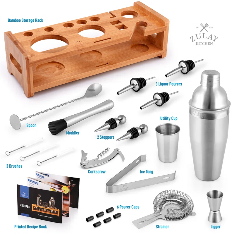 Zulay Kitchen Zulay Kitchen 24 Piece Stainless Steel Professional Bartender Set with Accessories with Bamboo Stand