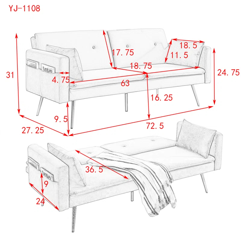 Mercer41 72.5"  Convertible Sofa Bed, Adjustable Velvet Sofa Bed - Velvet Folding Lounge Recliner - Reversible Daybed  - Ideal For Bedroom With Two Pillows And Center Leg