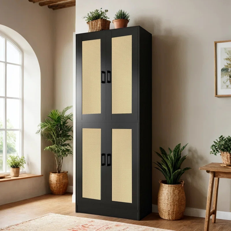 Bay Isle Home™ Rattan Kitchen Pantry Cabinet, 71" Tall Kitchen Pantry Storage Cabinet With Doors, Boho Kitchen Pantry Hutch With Storage For Kitchen, Dining Room