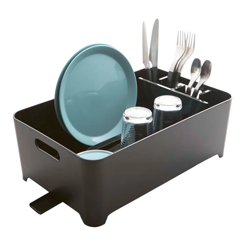 Yamazaki Home Tower Yamazaki Home Dish Drying Rack with Drainage Spout, 1.25 gallon, Utensil Holder, Handles