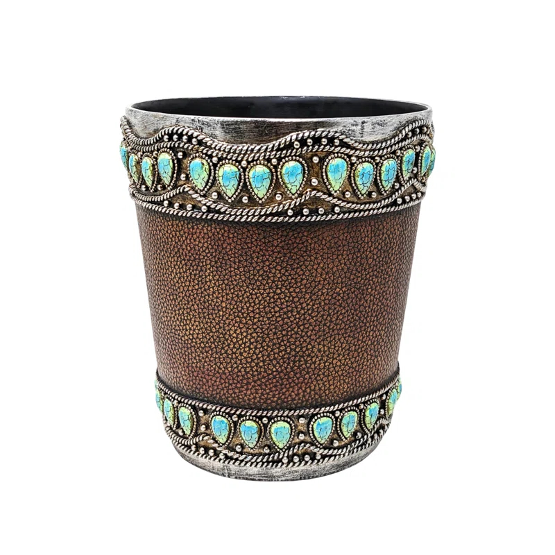 Decor Idea Decorative Resin Faux Leather Small Wastebasket with Turquoise Gem - Southwestern Rustic Trash Bin