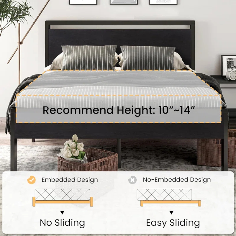 17 Stories 14 Inch Queen Size Metal Platform Bed Frame with Wooden Headboard and Footboard,No Box Spring Needed
