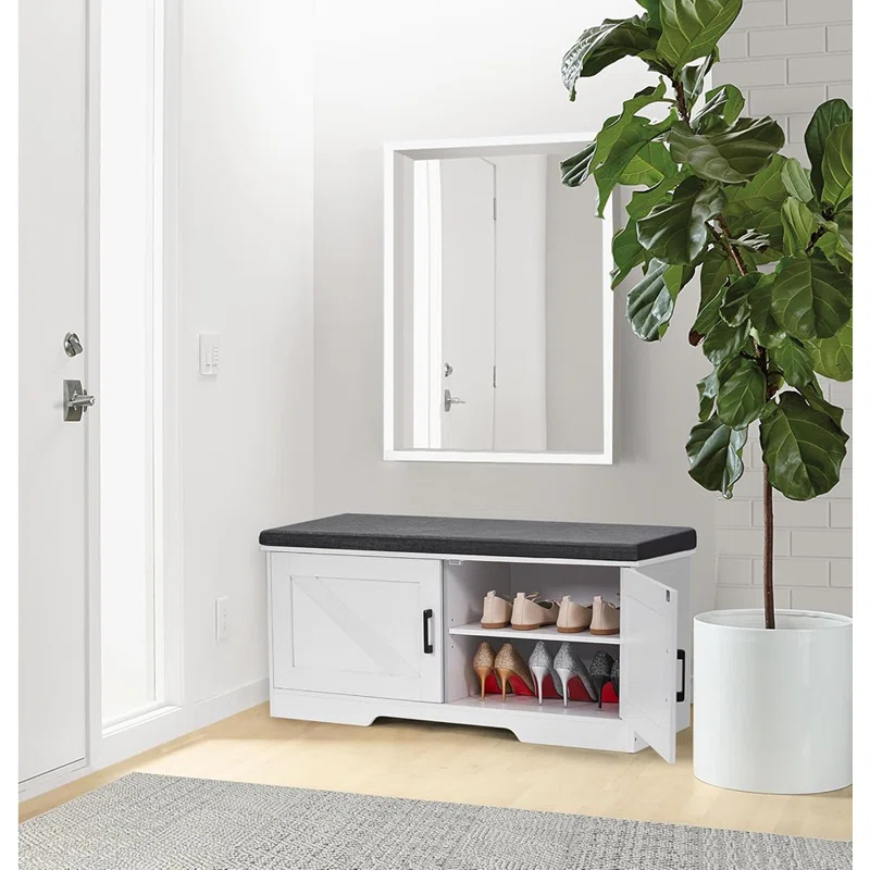 Gracie Oaks Gracie Oaks 2 Tier Shoe Storage Bench With Padded Seat Cushion, Entryway Bench With 2 Barn Doors, White, Adjustable Shelf, 13.8" D X 39.4" W X 17.7" H