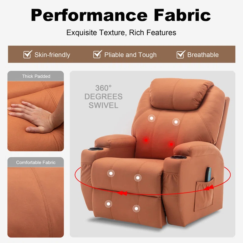 Recliner Chair, Rocking Chair with Massage and Heat, 360° Swivel Recliner Chairs for Adults, Rocker Manual Recliner with Remote Control and Cup Holder for Living Room