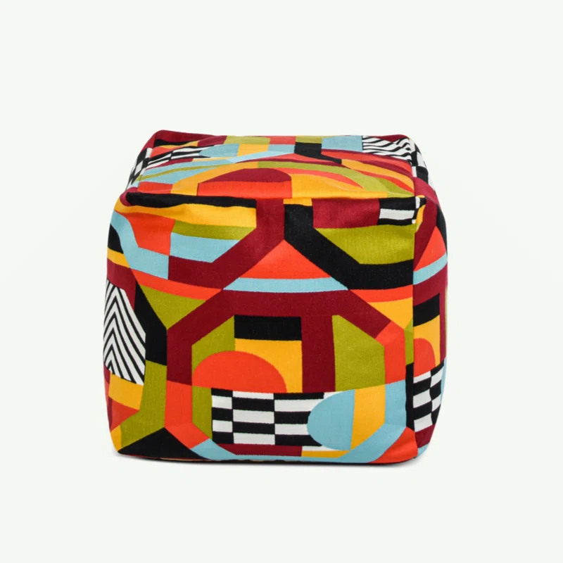 Orren Ellis Pouf 20" Luxury Oversized Bean Bag Cube Ottoman, Colorpop Multicolored Embroidery